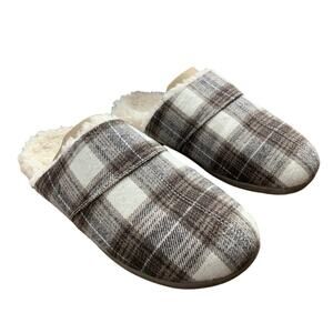 Vionic Mens Size 8 Brown White Plaid Memory Foam Slide On Mule Slippers Shoes